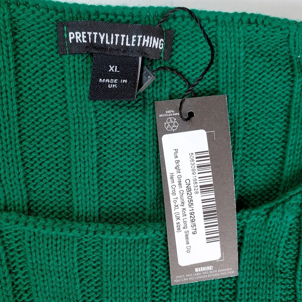 NWT PrettyLittleThing Chunky Knit Long Sleeve Dip Hem Crop Top Sz XL (UK)